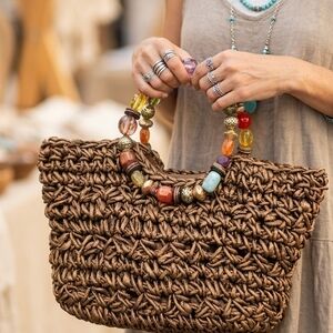 Rare Boho Cappelli Straworld Bronze Woven Tote Bag w Colorful Beaded Ring Handle